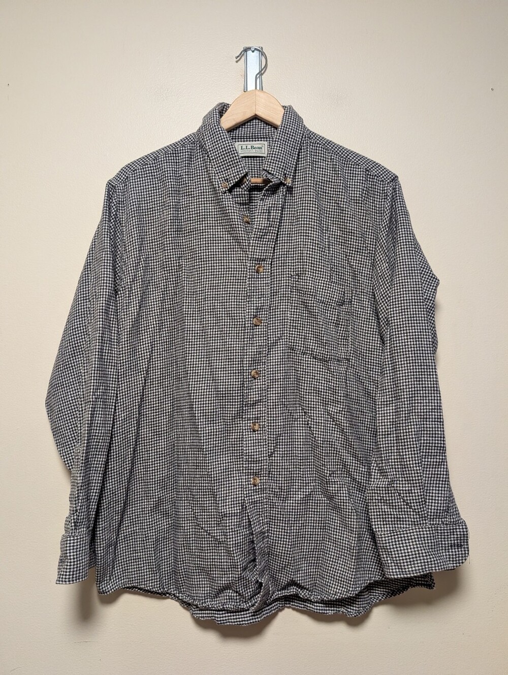 L.L.Bean Houndstooth Flannel Shirt Large Black White Button Down Heritage